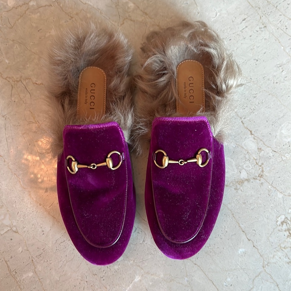 Gucci magenta velvet Princetown loafers